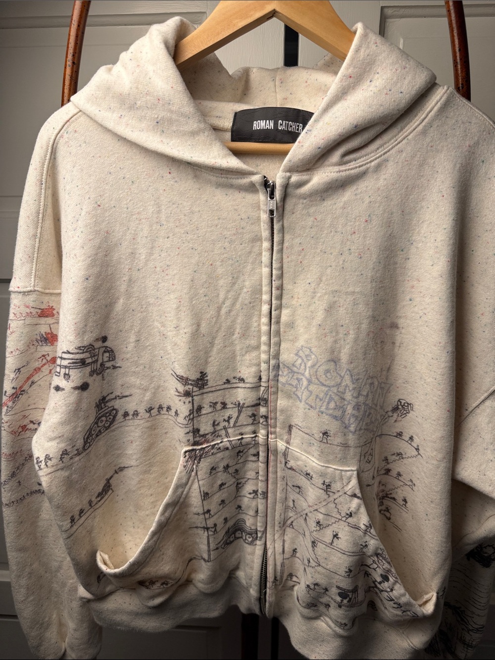 Roman Catcher War Graphic Zip Hoodie Confetti Y2K Streetwear Oversized